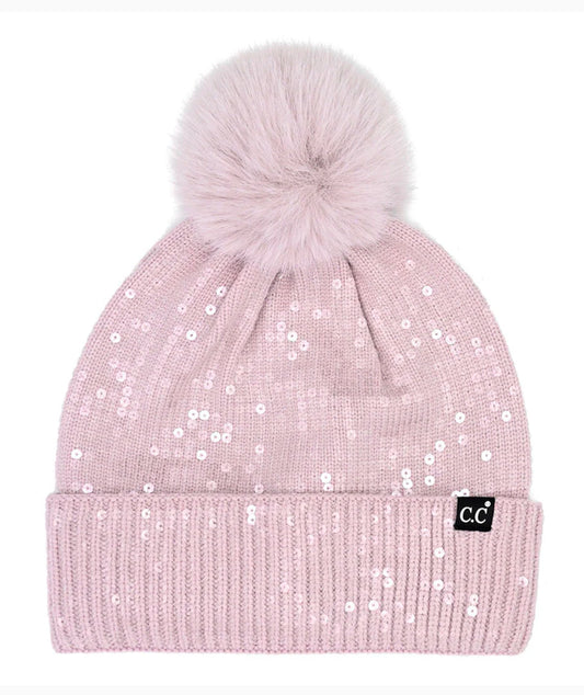 Clear Sequined Cuff Beanie with Pom Pom