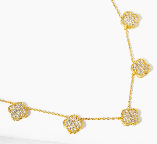 CZ Gold Dipped Rhinestone Clovers Necklace