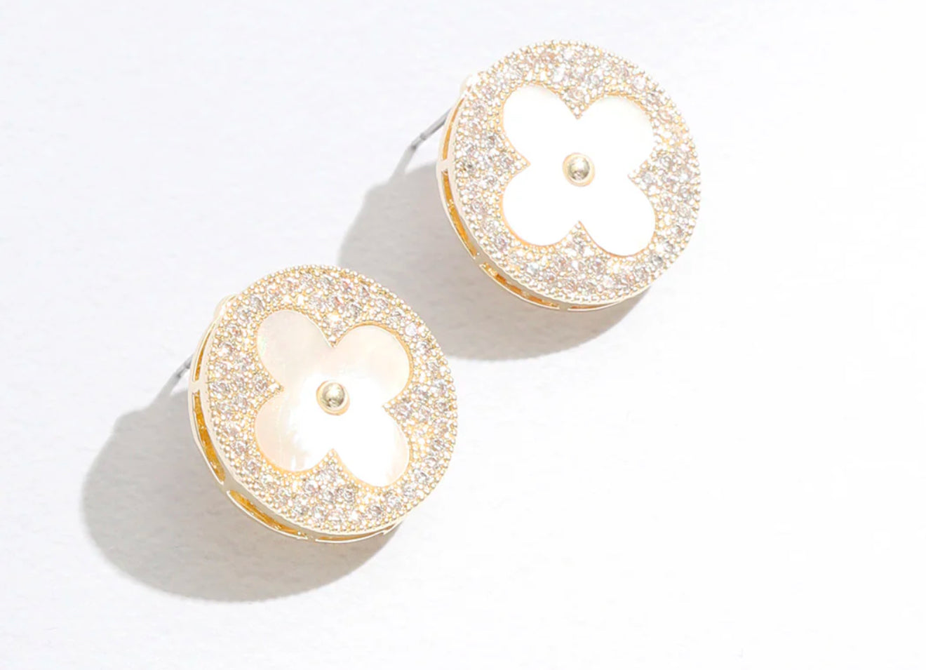 Pearlized Clover Round CZ Post Earrings