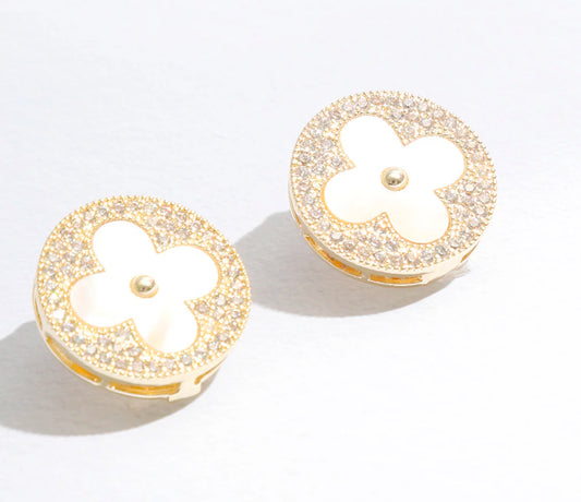 Pearlized Clover Round CZ Post Earrings